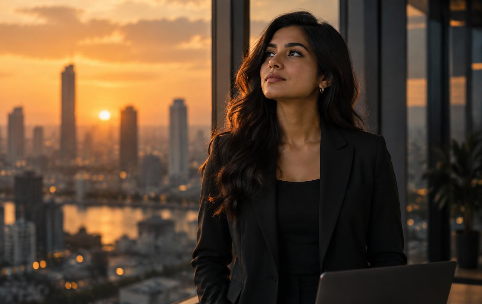 IT professional looking out over a city skyline at sunset