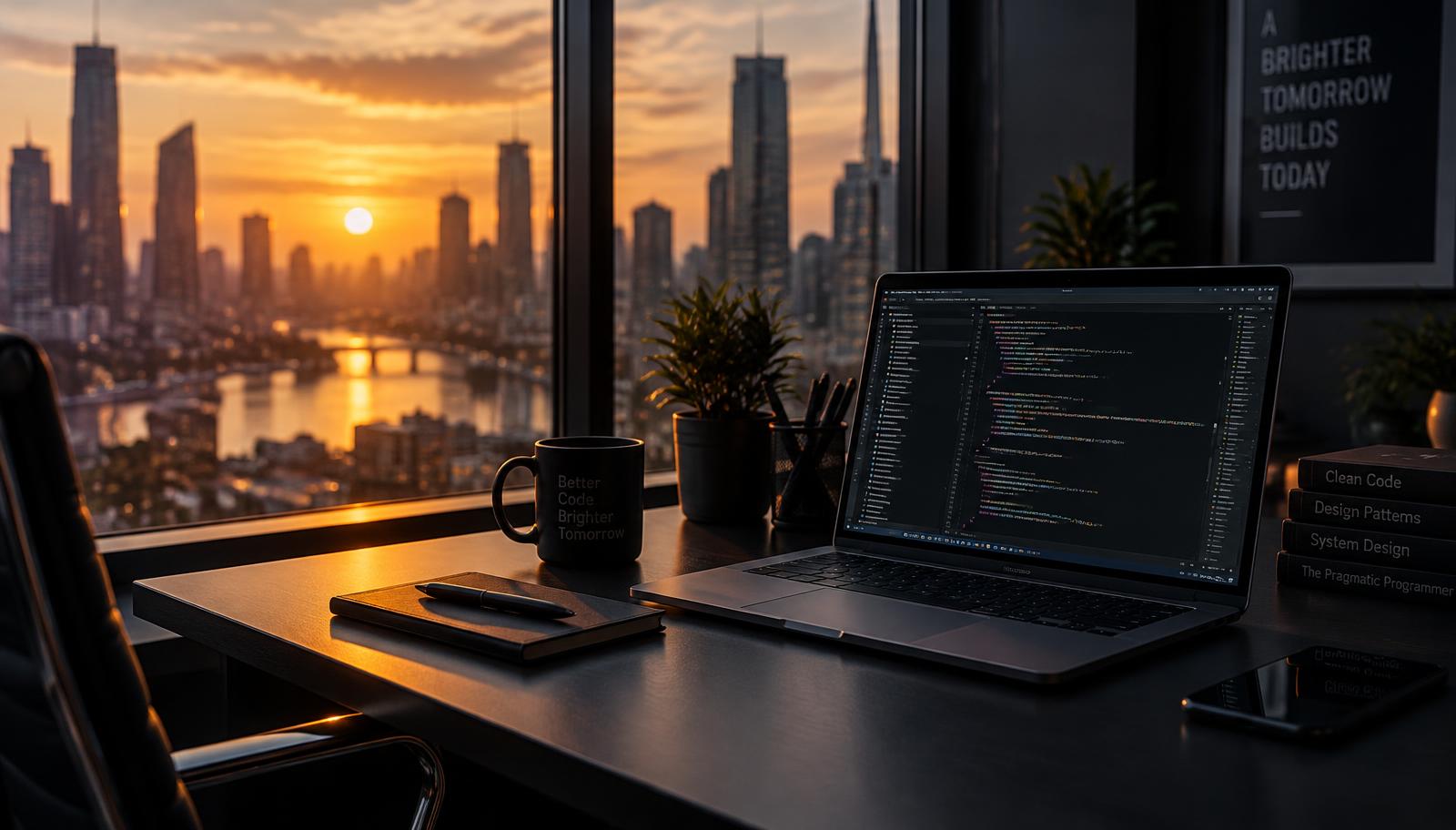 Laptop with code open beside a window overlooking the city at sunset